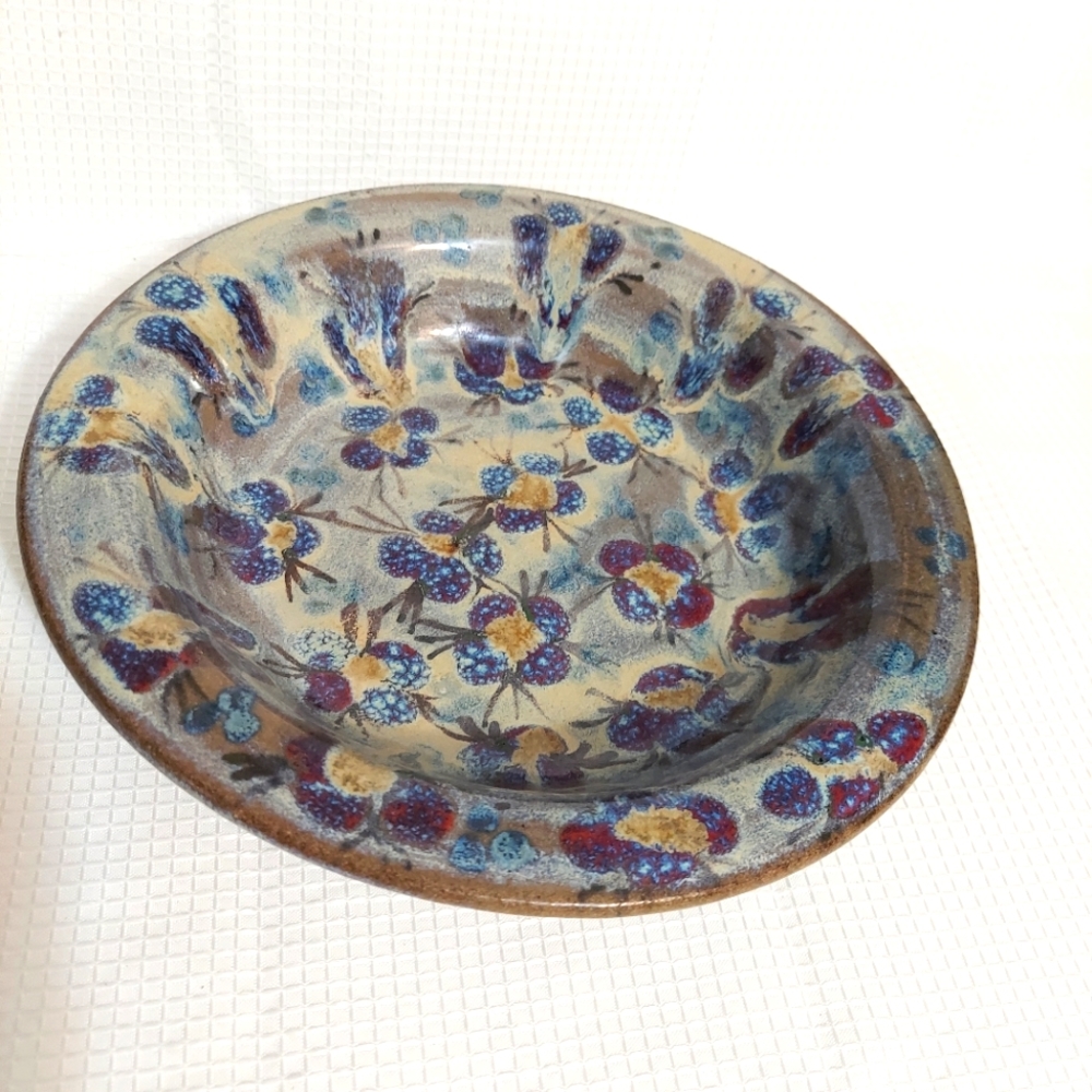 Art Pottery Stoneware Bowl Blue Violets Flowers Signed 1987 Primitive Farmhouse